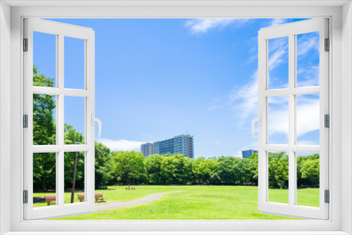 Fototapeta Naklejka Na Ścianę Okno 3D - 青空が広がる住宅街の公園