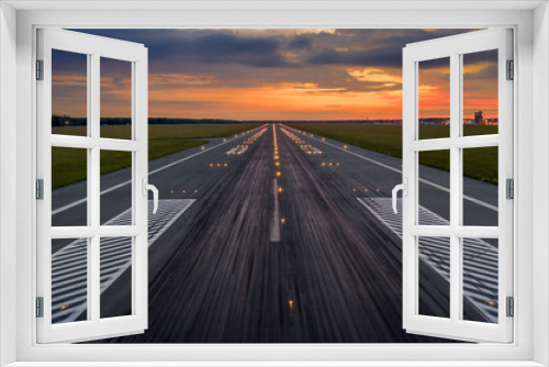 Fototapeta Naklejka Na Ścianę Okno 3D - Used concrete asphalt airport empty runway with many braking marks, markings for landings and all navigation lights on. Clear for comercial airplane landing or taking off in Wroclaw airport