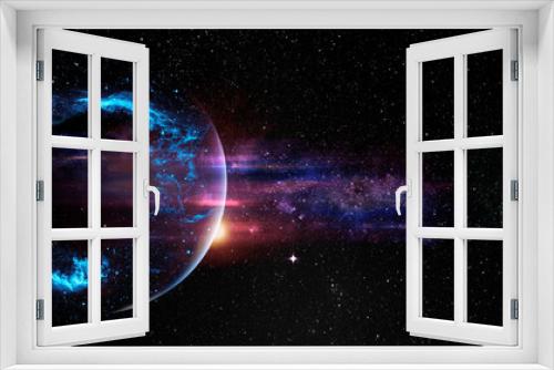 Fototapeta Naklejka Na Ścianę Okno 3D - Black hole over star field in outer space, abstract space wallpaper with form of letter O and sparks of light with copy space. Elements of this image furnished by NASA.