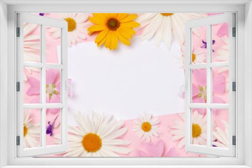 Fototapeta Naklejka Na Ścianę Okno 3D - Garden flowers frame over pink