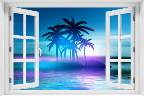 Fototapeta Naklejka Na Ścianę Okno 3D - Silhouettes of tropical palm trees on a background of abstract background with neon glow. Reflection of palm trees on the water. 3d illustration