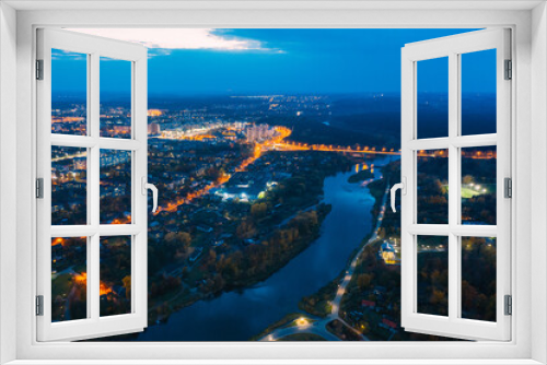 Fototapeta Naklejka Na Ścianę Okno 3D - Grodno, Belarus. Night Aerial Bird's-eye View Of Hrodna Cityscape Skyline. Residential District