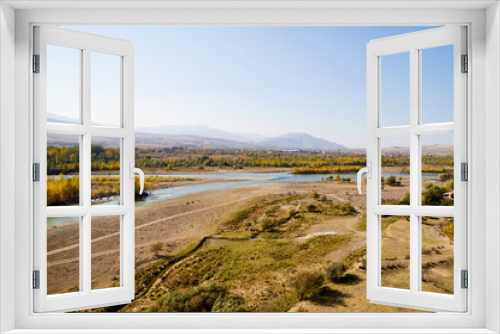 Fototapeta Naklejka Na Ścianę Okno 3D - Autumn landscapes with fantastic views from mountain to valley and blue river. Colourful mountain nature in autumn, summer, or spring day