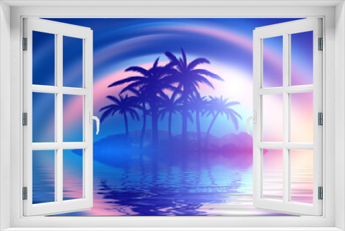 Fototapeta Naklejka Na Ścianę Okno 3D - Abstract futuristic background. Neon glow, reflection of tropical palm trees on the water. Night view, beach party. 3d illustration