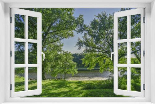 Fototapeta Naklejka Na Ścianę Okno 3D - Summer landscape with trees, river and blue sky