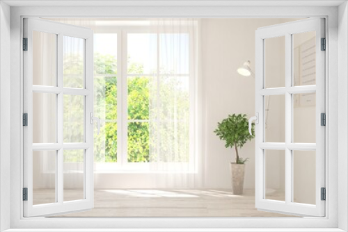 White empty room with summer landscape in window. Scandinavian interior design. 3D illustration