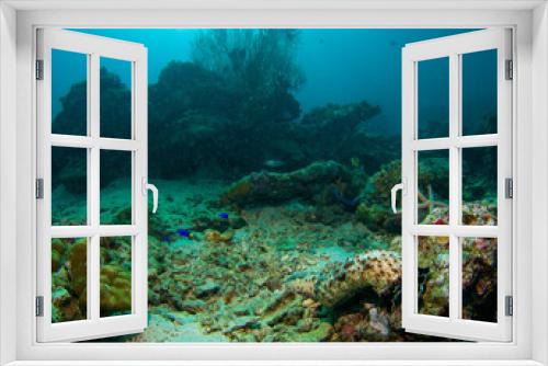 Fototapeta Naklejka Na Ścianę Okno 3D - Wonderful and beautiful underwater in deep tropical sea and sun rays. Water texture in ocean with corals and tropical fish.