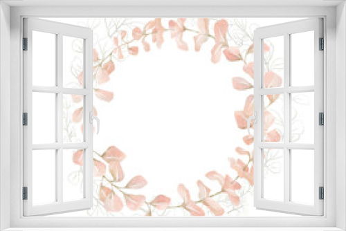 Fototapeta Naklejka Na Ścianę Okno 3D - Watercolor frame with plants and leaves in pastel pink color. Aesthetic gently wreath in boho style with palm leaf, eucalyptus, foliage, nature element. Illustration for wedding, business card.