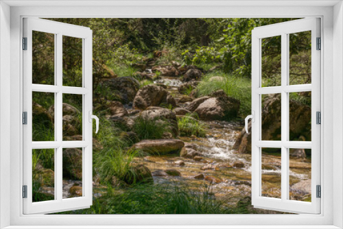 Fototapeta Naklejka Na Ścianę Okno 3D - strumień górski zieleń kamienie woda 