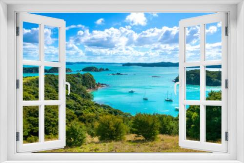 Fototapeta Naklejka Na Ścianę Okno 3D - Hiking at Urupukapuka, Bay of Islands near Paihia, New Zealand, Scenic landscape, lush green meadow on hills, small ships, boats and yachts in clear and calm turquoise color waters of harbor and cloud