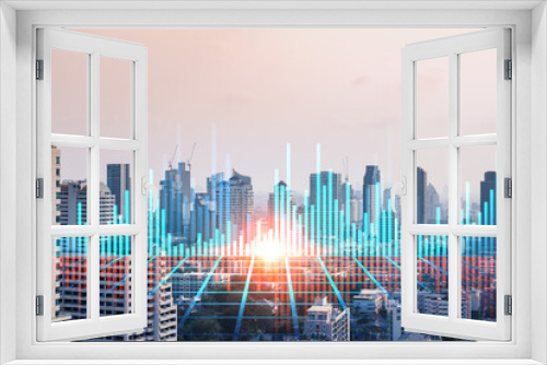 Fototapeta Naklejka Na Ścianę Okno 3D - Forex and stock market chart hologram over panorama city view of Bangkok, the financial center in Asia. The concept of international trading. Double exposure.
