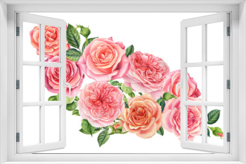 Fototapeta Naklejka Na Ścianę Okno 3D - Bouquet of flowers pink roses, isolated white background. Watercolor delicate flowers 