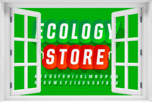 Vector green logo Ecology Store. Creative Sticker Font. Modern Alphabet Letters and Numbers set