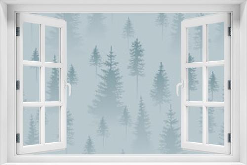 Fototapeta Naklejka Na Ścianę Okno 3D - Foggy coniferous forest. Grey and blue firs in the haze.