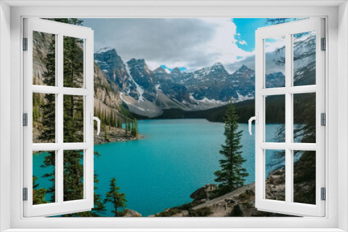 Fototapeta Naklejka Na Ścianę Okno 3D - Breathtaking view of turquoise water of Moraine Lake, tourist popular attraction/destination in Canadian Rockies, Banff National Park, Alberta, Canada