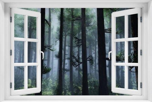 Fototapeta Naklejka Na Ścianę Okno 3D - Trees in the haze, forest in the fog, morning in the forest, park in the smoke, 3D rendering