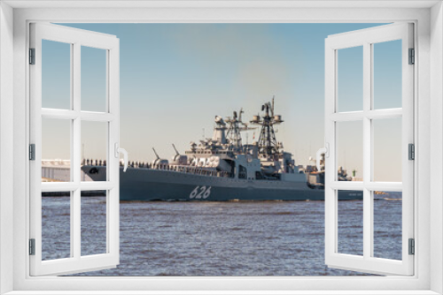 Fototapeta Naklejka Na Ścianę Okno 3D - A large anti-submarine ship Vice Admiral Kulakov of project 1155 passes near Kronstadt during the rehearsal of the naval parade.17, 2020.