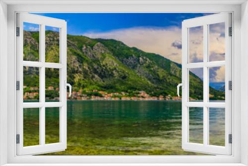 Fototapeta Naklejka Na Ścianę Okno 3D - Panorama of Kotor Bay with a cruise ship and mountains reflecting in the water, Balkans on Adriatic Sea in Kotor, Montenegro