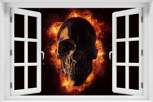 Fototapeta Naklejka Na Ścianę Okno 3D - Black skull on fire - fire embers particles in the air
