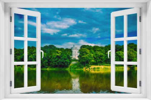 Fototapeta Naklejka Na Ścianę Okno 3D - Beautiful landscape of park with manor in summertime. Picturesque place of white Palace with pond and green trees.