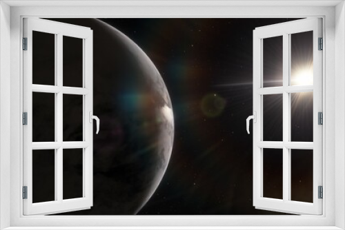 Fototapeta Naklejka Na Ścianę Okno 3D - science fiction wallpaper, cosmic landscape, realistic exoplanet, beautiful alien planet in far space, detailed planet surface 3d render