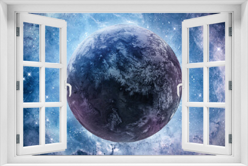 Fototapeta Naklejka Na Ścianę Okno 3D - Abstract wallpaper of planet in bright galaxy. Blue core or nucleus. Nebula and far space. Elements of this image furnished by NASA