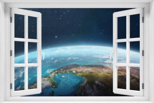 Fototapeta Naklejka Na Ścianę Okno 3D - Vertical wallpaper of Earth planet surface in space. Blue ocean and green continent. Fantasy world. Stars and deep space. Elements of this image furnished by NASA