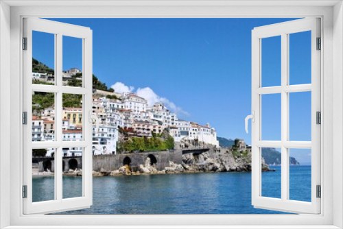 Fototapeta Naklejka Na Ścianę Okno 3D - Coastline Amalfi old Italian town beautiful landscape blue sky sea bay high mountains clouds background