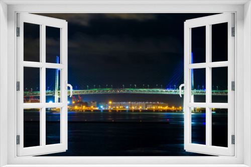 Fototapeta Naklejka Na Ścianę Okno 3D - 横浜ベイブリッジの夜景 青色のライトアップ