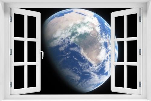 Fototapeta Naklejka Na Ścianę Okno 3D - realistic planet Earth from space, science fiction wallpaper, cosmic landscape, oceanic expanses, sunrise over the earth from space, 3d render
