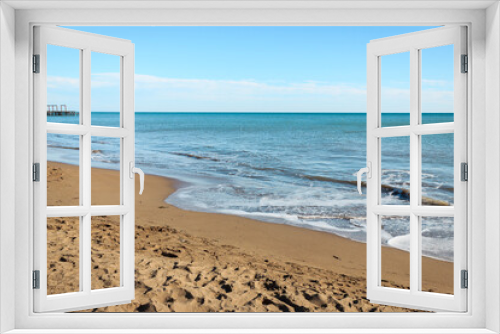 Fototapeta Naklejka Na Ścianę Okno 3D - Beach and sea landscape in clear sunny day. Wooden pier in the sea. Antalya, Turkey. Summer tourism concept. 