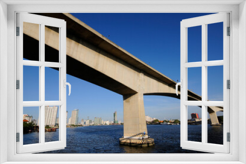 Fototapeta Naklejka Na Ścianę Okno 3D - concrete bridge across the river in the city with blue sky