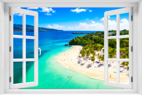 Fototapeta Naklejka Na Ścianę Okno 3D - Aerial drone view of beautiful caribbean tropical island Cayo Levantado beach with palms. Bacardi Island, Dominican Republic. Vacation background.