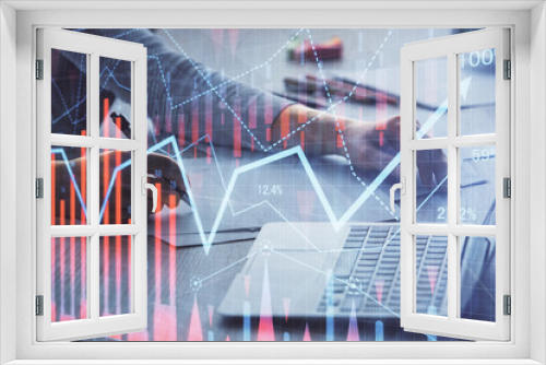 Fototapeta Naklejka Na Ścianę Okno 3D - Double exposure of businesswoman hands typing on computer and forex chart hologram drawing. Financial analysis concept.