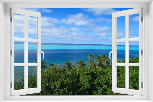 Fototapeta Naklejka Na Ścianę Okno 3D - Beautiful panorama of a paradise beach with white sand and coco palm tree with turquoise water lagoon in Tahiti, Moorea island, French Polynesia.