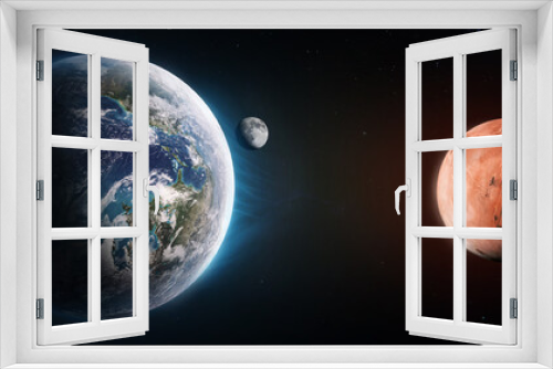 Fototapeta Naklejka Na Ścianę Okno 3D - Earth planet and red planet Mars in deep space. Distance between planets. Elements of this image furnished by NASA