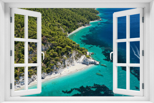 Fototapeta Naklejka Na Ścianę Okno 3D - Aerial drone panoramic photo of famous turquoise paradise beach of Hovolo covered with pine trees, Skopelos island, Sporades, Greece