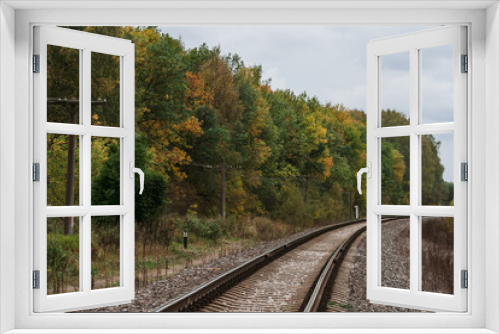 Fototapeta Naklejka Na Ścianę Okno 3D - railway in the forest in autumn a cloudy day