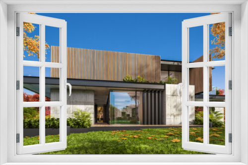 Fototapeta Naklejka Na Ścianę Okno 3D - 3d rendering of modern cozy house with parking and pool for sale or rent with wood plank facade and beautiful landscaping on background. Clear sunny autumn day with golden leaves anywhere.
