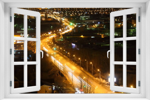 Fototapeta Naklejka Na Ścianę Okno 3D - night city lights up top view