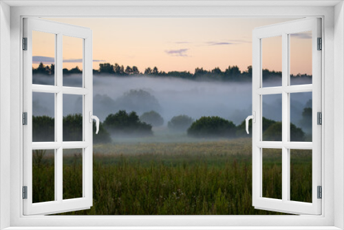 Fototapeta Naklejka Na Ścianę Okno 3D - Wonderful mist or fog summer evening or morning, sunset or sunrise, meadow landscape, wonderful mysterious nature
