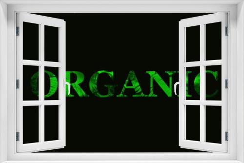 The word organic makes a glitch. The word organic on a background of plants.
