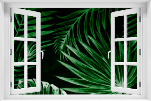 Fototapeta Naklejka Na Ścianę Okno 3D - Beautiful abstract green flowers on dark background and blue flower frame and green leaves texture, green background, colorful graphics banner