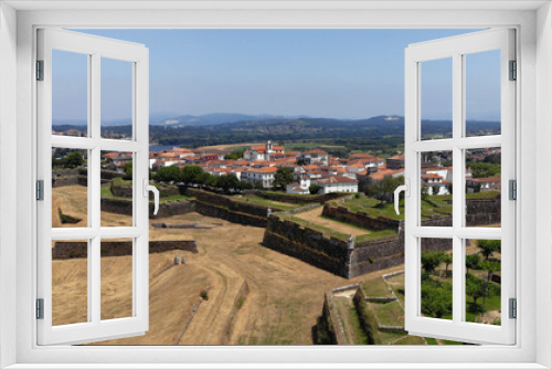 Fototapeta Naklejka Na Ścianę Okno 3D - Aerial view of the fortress of Valenca do Minho in Portugal. Valença is a walled town located on the left bank of Minho River. The fortress is a piece of gothic and baroque military architecture.