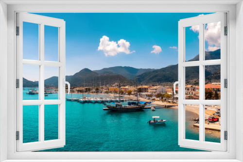 Fototapeta Naklejka Na Ścianę Okno 3D - Amazing sunny seascape of Greece. Fairy tale sea bay, with luxury yachts and hotels. Best famouse travel and holiday locations. Scenic Image Ionian Sea. Greece. luxury Lifestyle, concept.