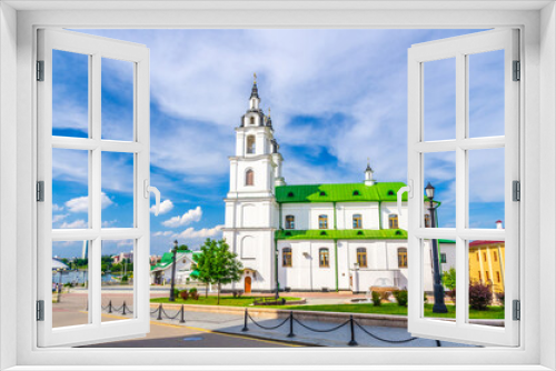 Fototapeta Naklejka Na Ścianę Okno 3D - Holy Spirit Cathedral Orthodox Church Baroque style building in Upper Town Minsk historical city centre, blue sky white clouds in sunny summer day, Republic of Belarus