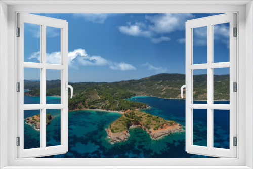 Fototapeta Naklejka Na Ścianę Okno 3D - Aerial drone panoramic photo of paradise beaches in Kokinokastro with crystal clear turquoise sea, Alonissos island, Sporades, Greece 