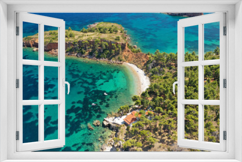 Fototapeta Naklejka Na Ścianę Okno 3D - Aerial photo taken by drone of Caribbean tropical exotic island lagoon with turquoise clear sea sandy beaches and rare pine trees
