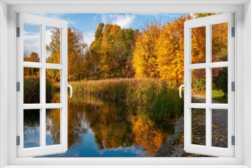 Fototapeta Naklejka Na Ścianę Okno 3D - Beautiful autumn park with yellowed trees reflected in the water.