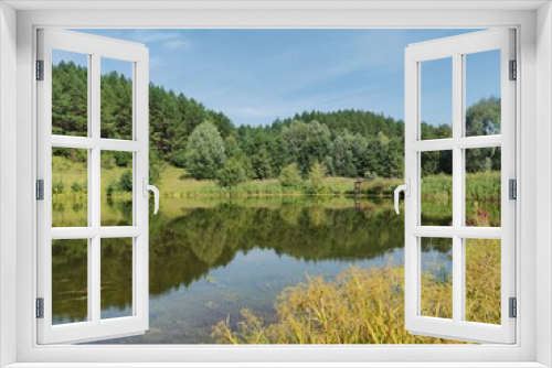 Fototapeta Naklejka Na Ścianę Okno 3D - reflection of green trees on the surface of a lake on a sunny day